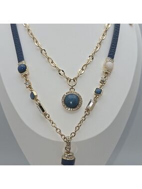 White House Black Market WHBM Gold and Blue Leather Layered Necklace